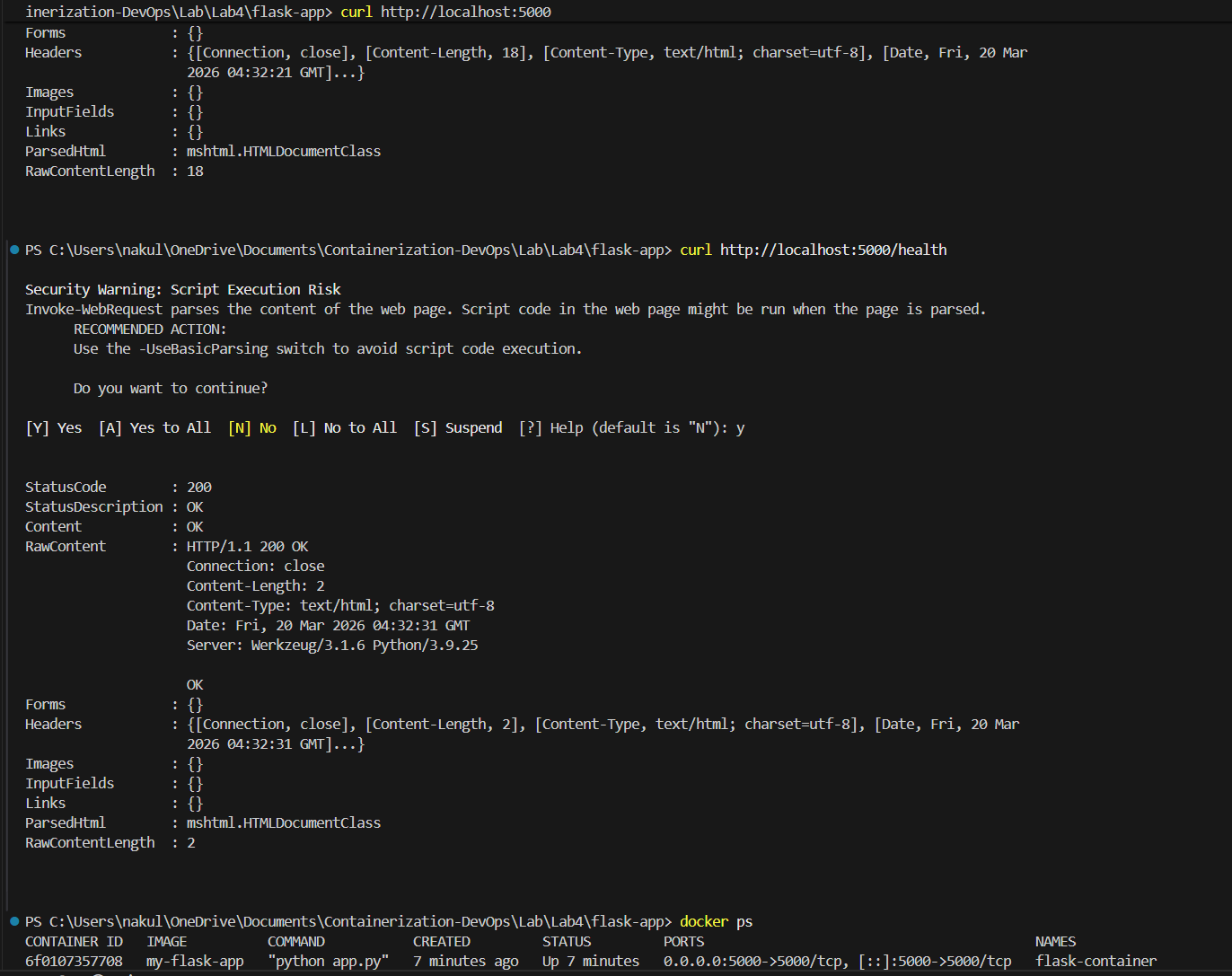 Testing Flask Endpoints and Container Status