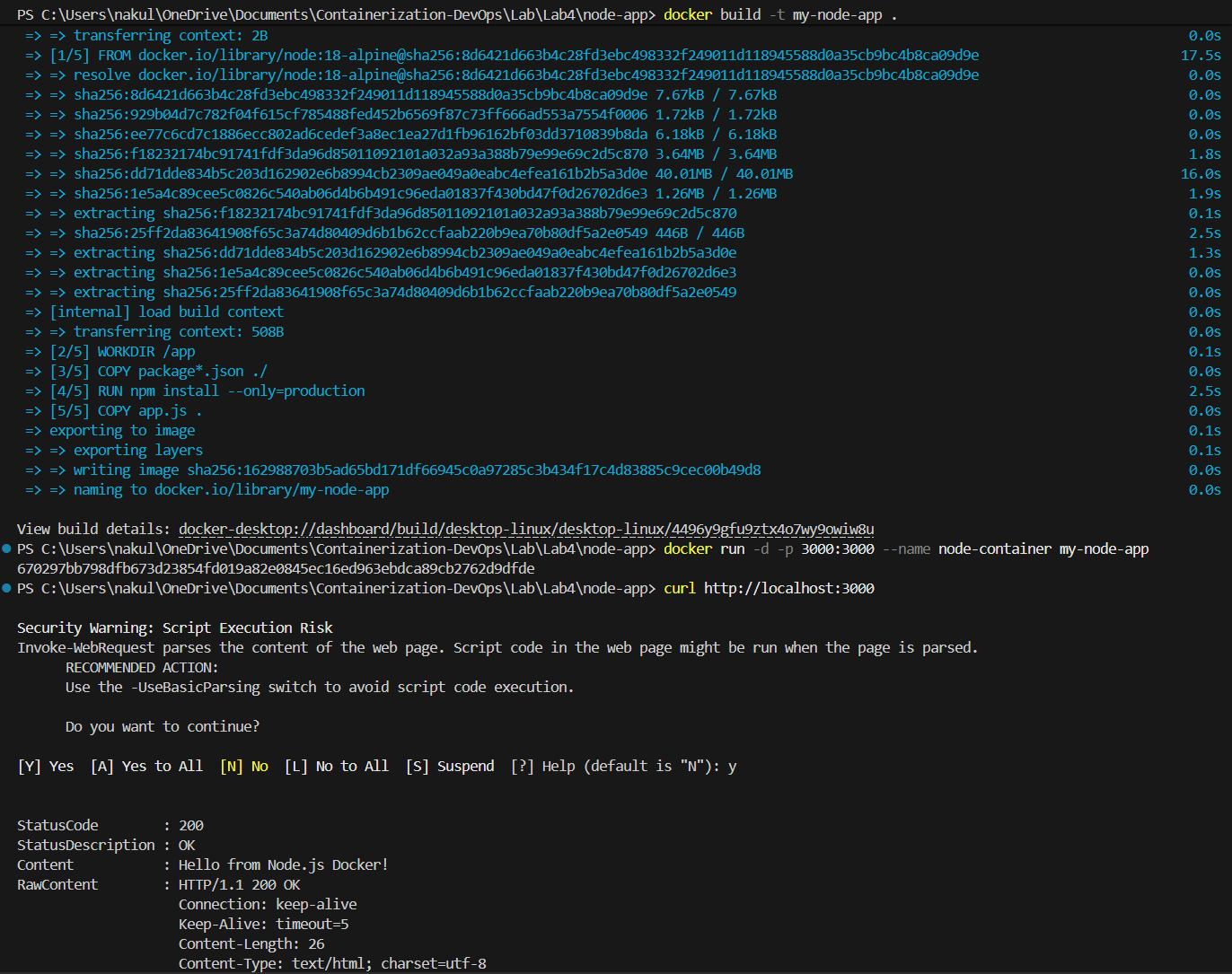 Node.js Docker Build, Run, and Curl