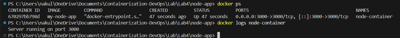 Node.js Container Status and Logs