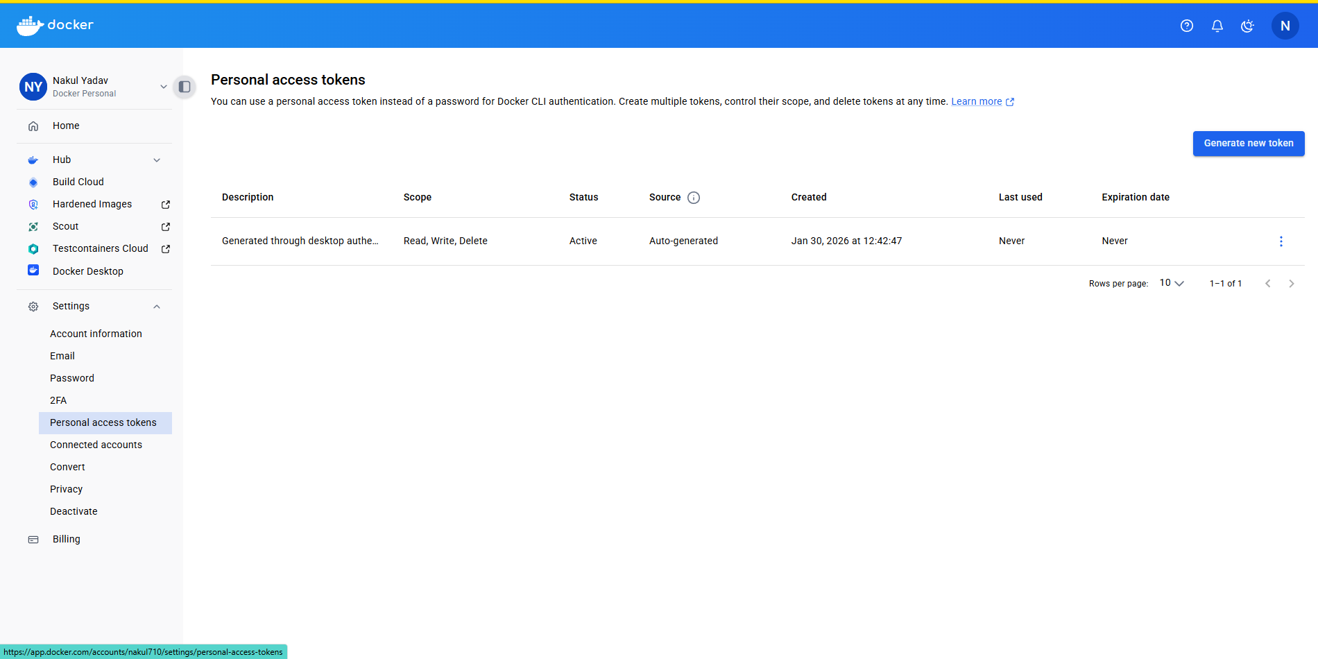 Docker Hub Token Page